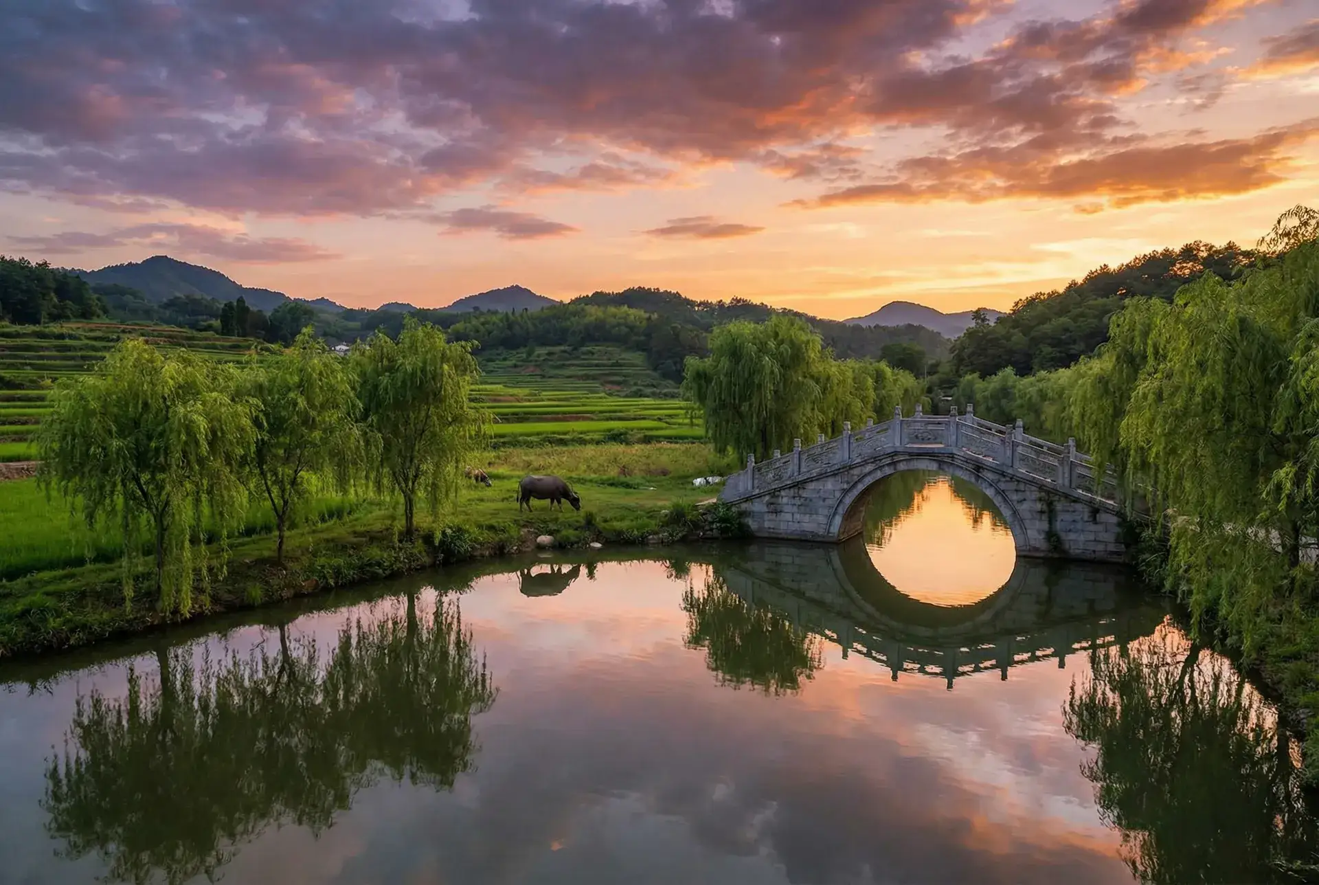 夕阳下的石拱桥与垂柳，水牛在河边吃草 - 一字马瑜伽阿姨 乡村美景